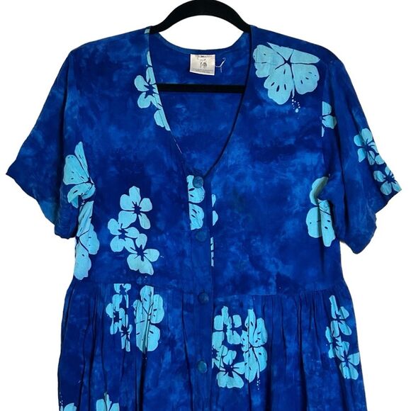 Short Sleeve Blue Hibiscus Floral Hawaiian Maxi Dress M - Picture 3 of 9
